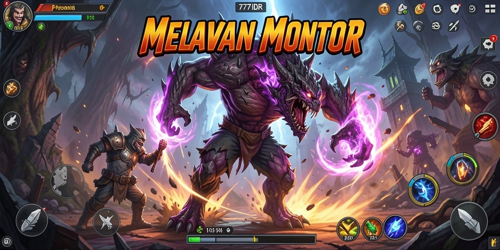 Tampilan aksi epik dalam gameplay 777IDR dengan karakter berjuang melawan monster.
