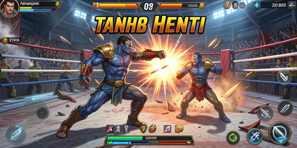 Screenshot utama menampilkan pertarungan mendebarkan di arena.