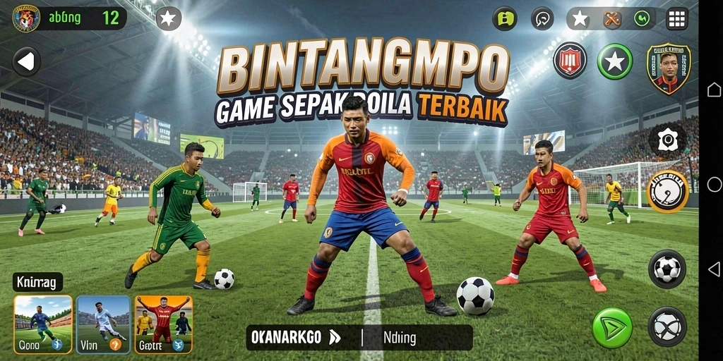 Tampilan permainan BINTANGMPO yang menampilkan aksi pertandingan sepak bola.