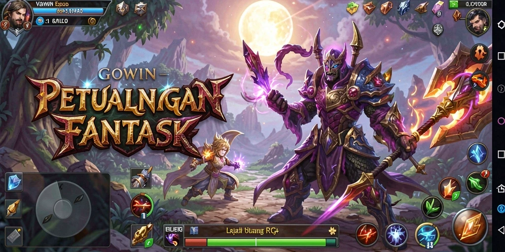 Screenshot utama GOWIN menampilkan pertarungan epik dengan karakter yang kuat.