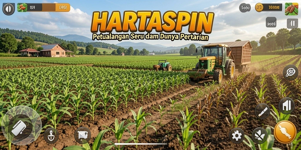 Tampilan menarik dari gameplay HARTASPIN yang menggambarkan aktivitas bertani.