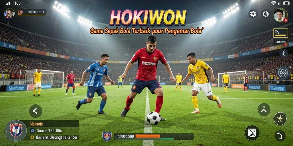 Screenshot HOKIWON menampilkan aksi seru di lapangan sepak bola.