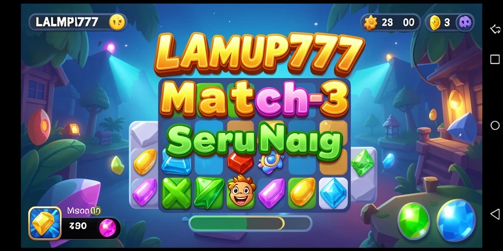 Screenshot gameplay LAMPU777 saat mencocokkan permata berwarna.