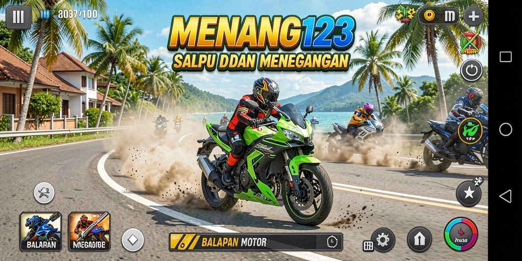 Tampilan gameplay seru di MENANG123 dengan balapan motor mendebarkan.