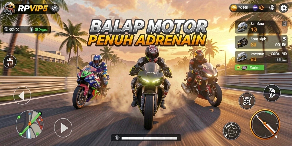 Screenshot RPVIP5 menampilkan aksi balap motor yang mendebarkan.