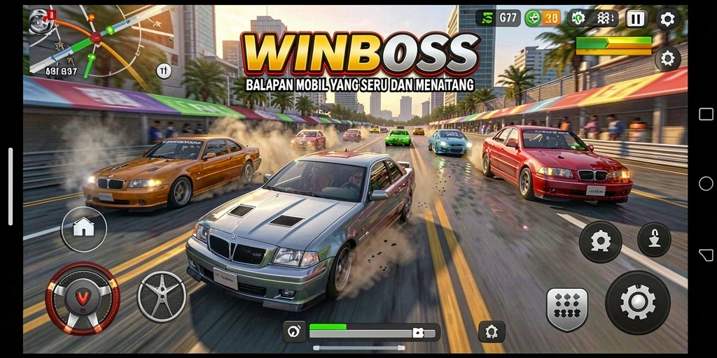 Tampilan gameplay WINBOSS yang mendebarkan di lintasan balap.